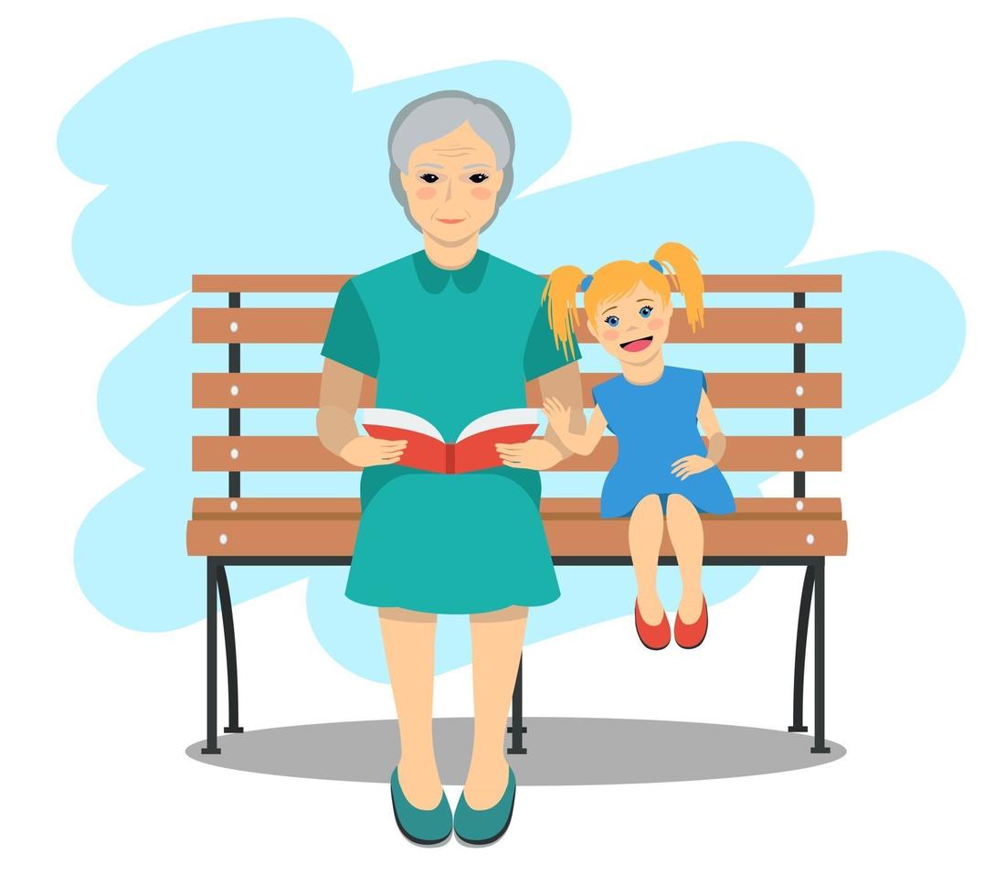 Grandma sitting on a bench with granddaughter reading the book. Rest and outdoor quiet time. Vector illustration.