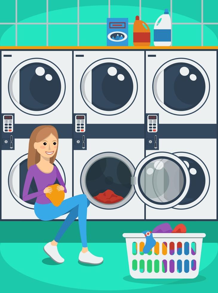 Vector colorful illustration of woman with basket of clothes in laundromat. Flat style