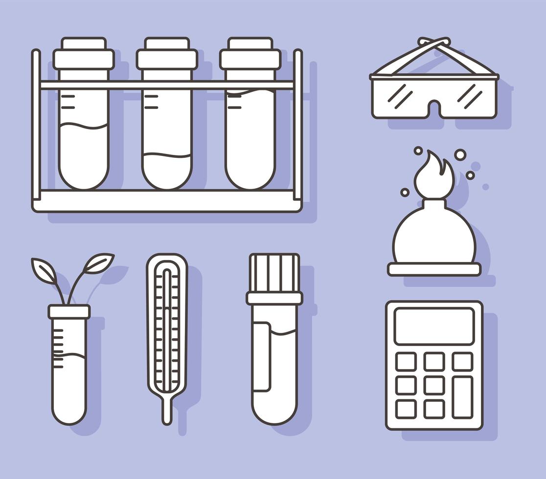 chemistry science test tubes thermometer burner and glasses, line style vector