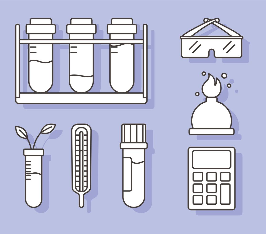Química ciencia tubos de ensayo termómetro quemador y vasos, estilo de línea vector