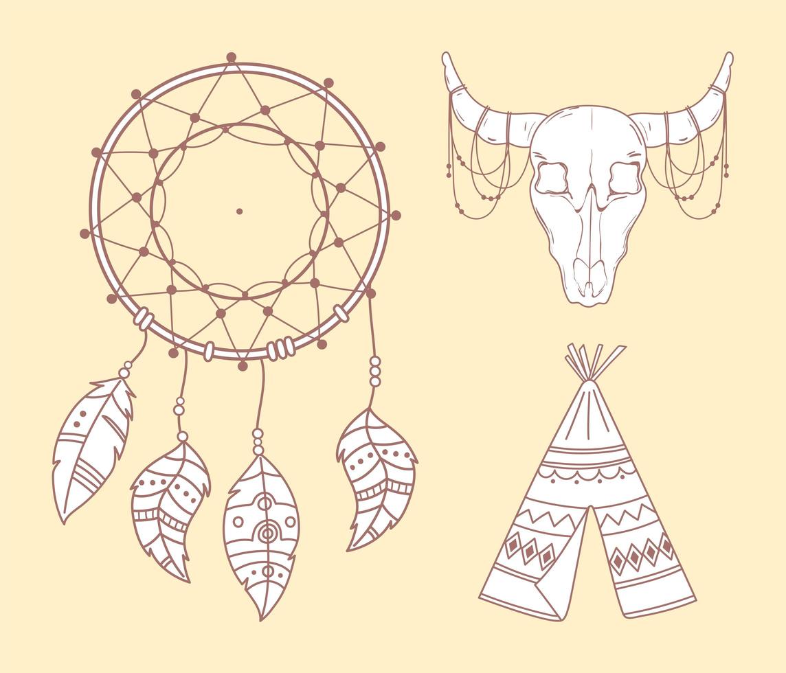 teepee bull skull and dreamcatcher boho and tribal vector