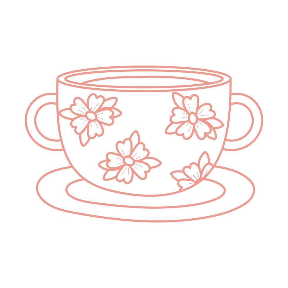 Taza de té y café con estilo de línea de icono de flores delicadas vector