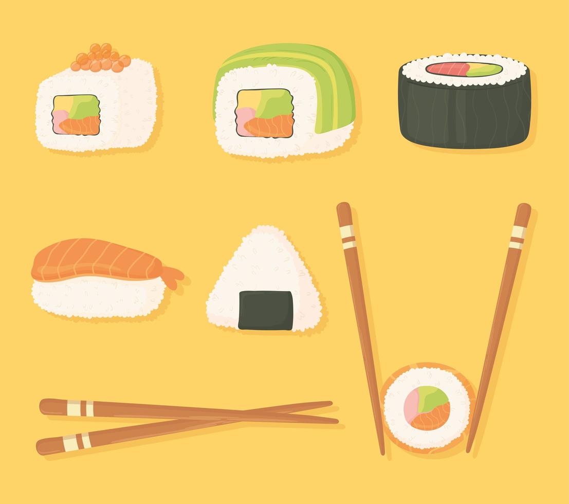 Los iconos de tiempo de sushi establecen palillos y diferentes alimentos de sushi. vector