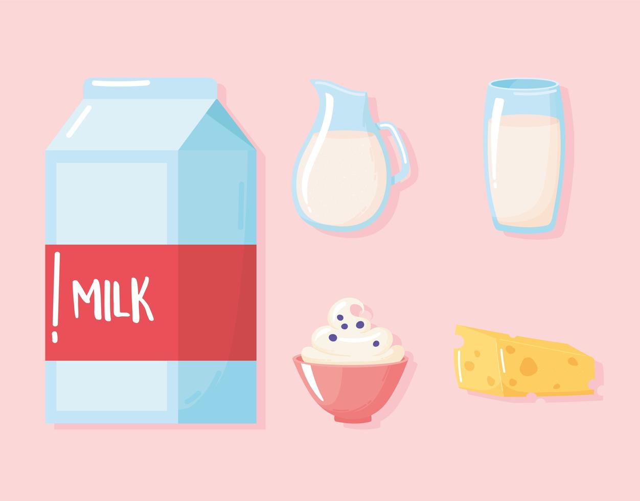 milk dairy product cartoon icons set butter, cream, beverage in box jar and glass vector