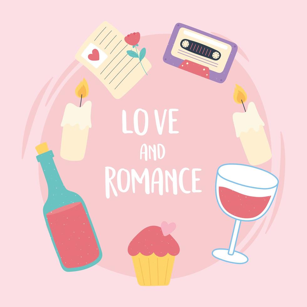 cupcake wine message and candles love and romance in cartoon style vector