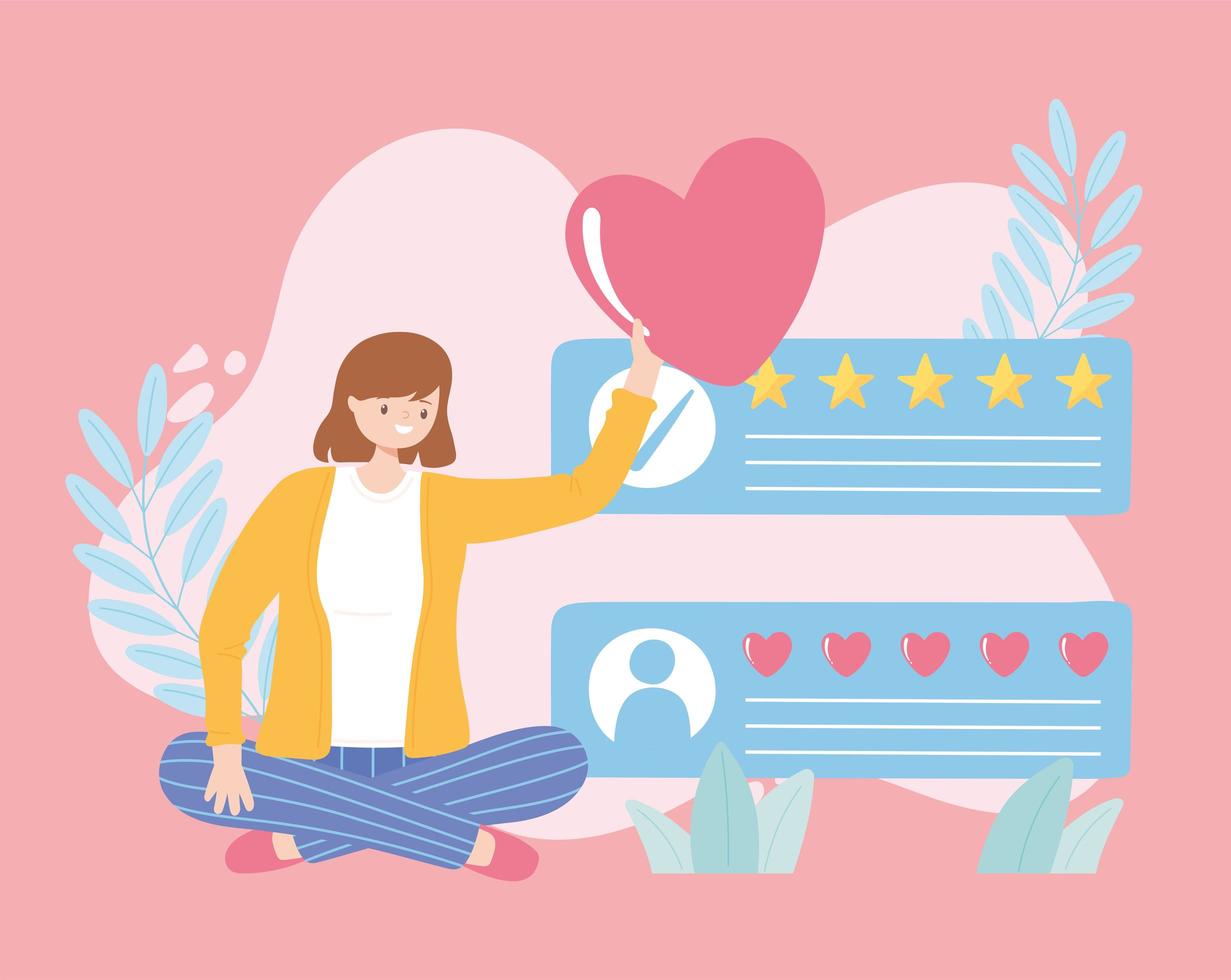 woman sitting with heart rating feedback cartoon vector