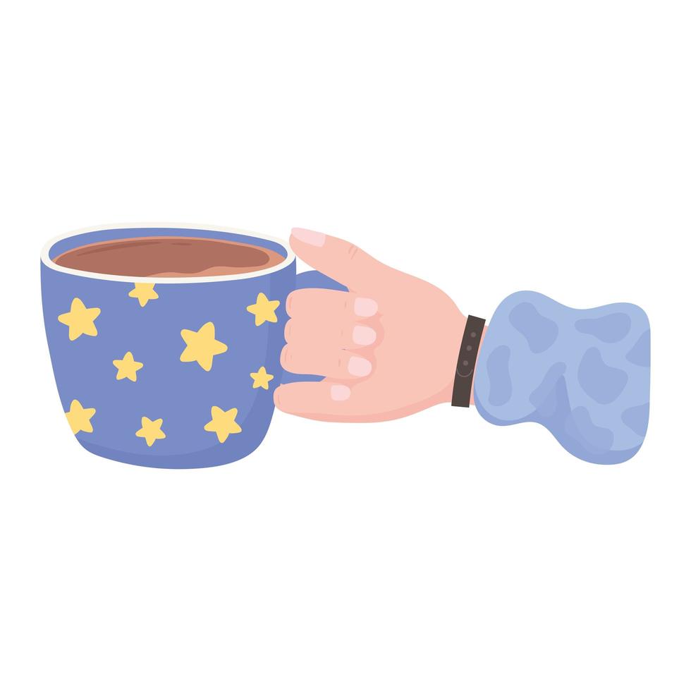 hand with coffee cup with stars, fresh hot beverage vector