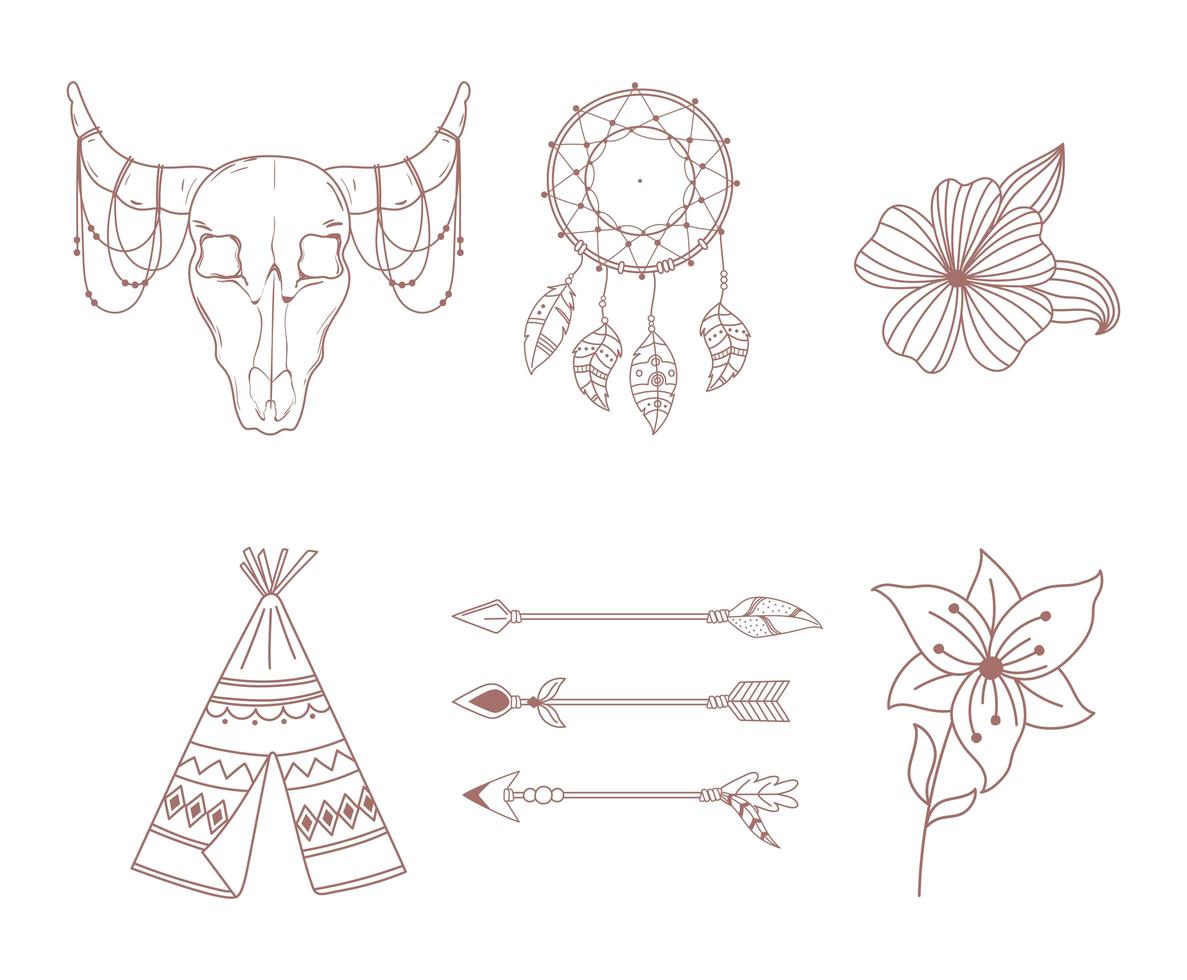 boho and tribal icons set arrow teepee bull skull dreamcatcher and flowers vector