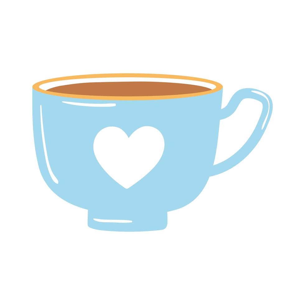 Taza de té y café azul con icono de corazón sobre fondo blanco. vector