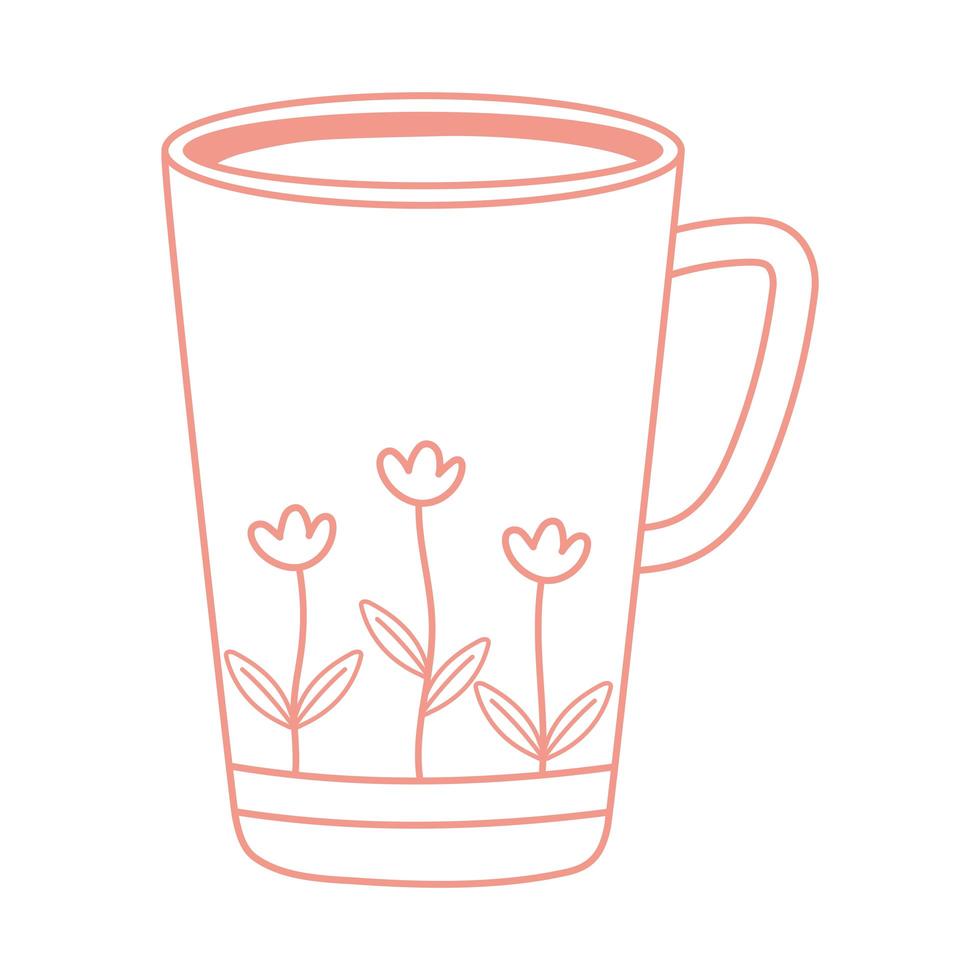 taza de té y café con estilo de línea de icono de flores impresas vector