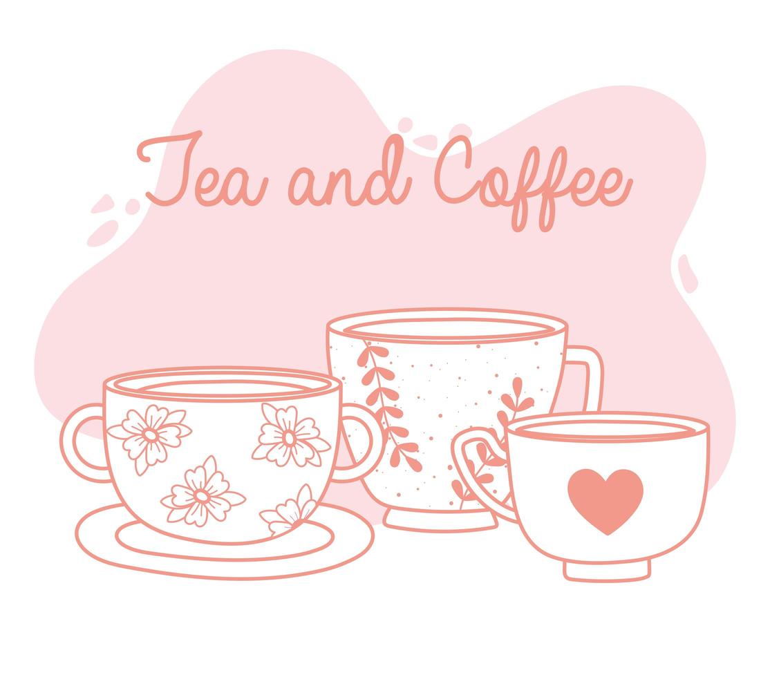 tea and coffee handwritten lettering and different cups, line style vector