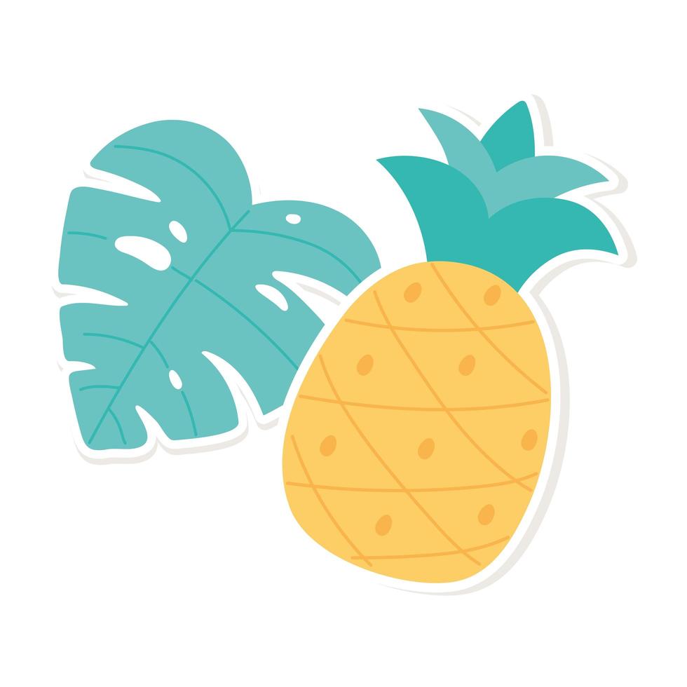 piña tropical y decoración de hojas de palma pegatina de estilo de dibujos animados fondo blanco vector