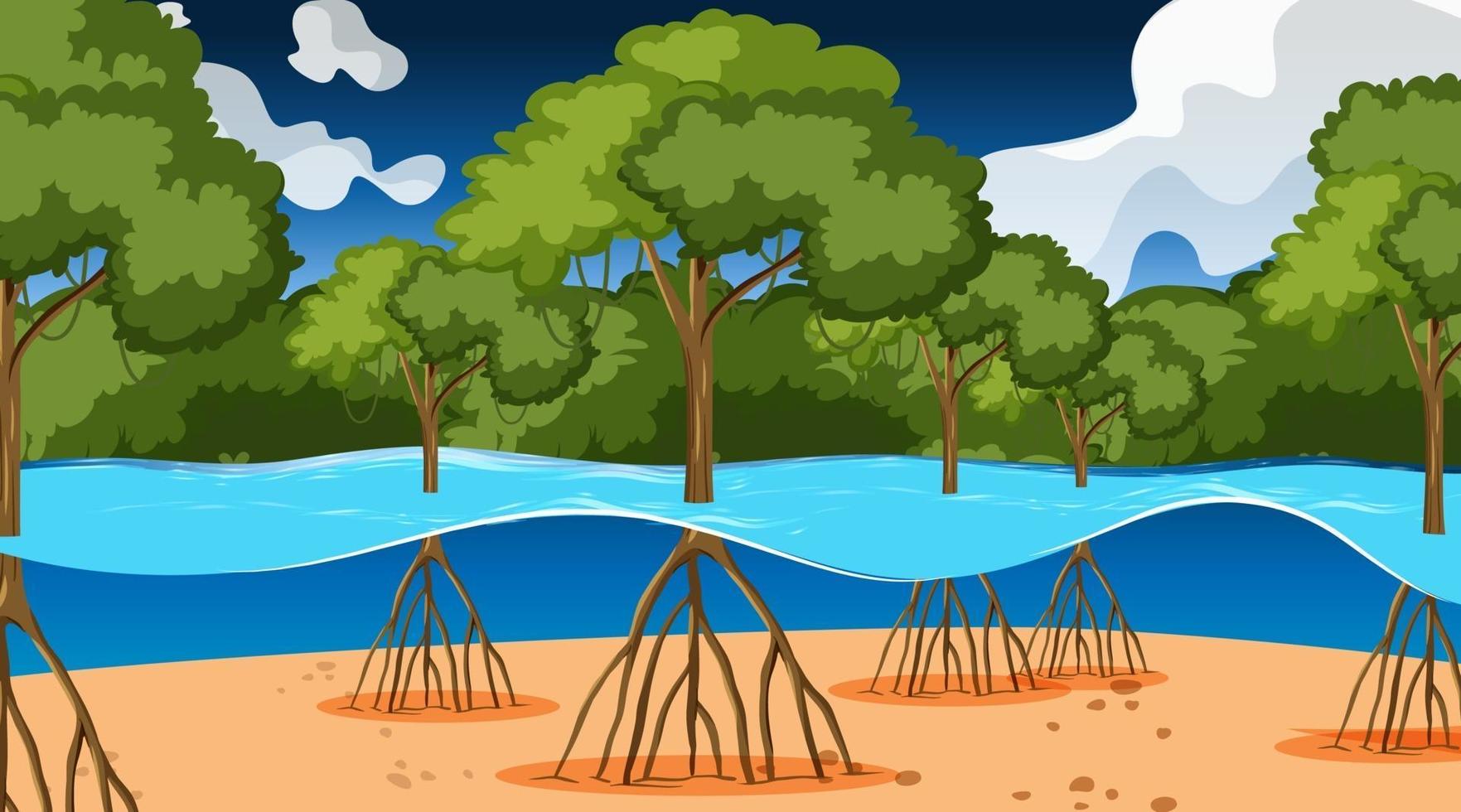 Nature scene with Mangrove forest at night in cartoon style vector