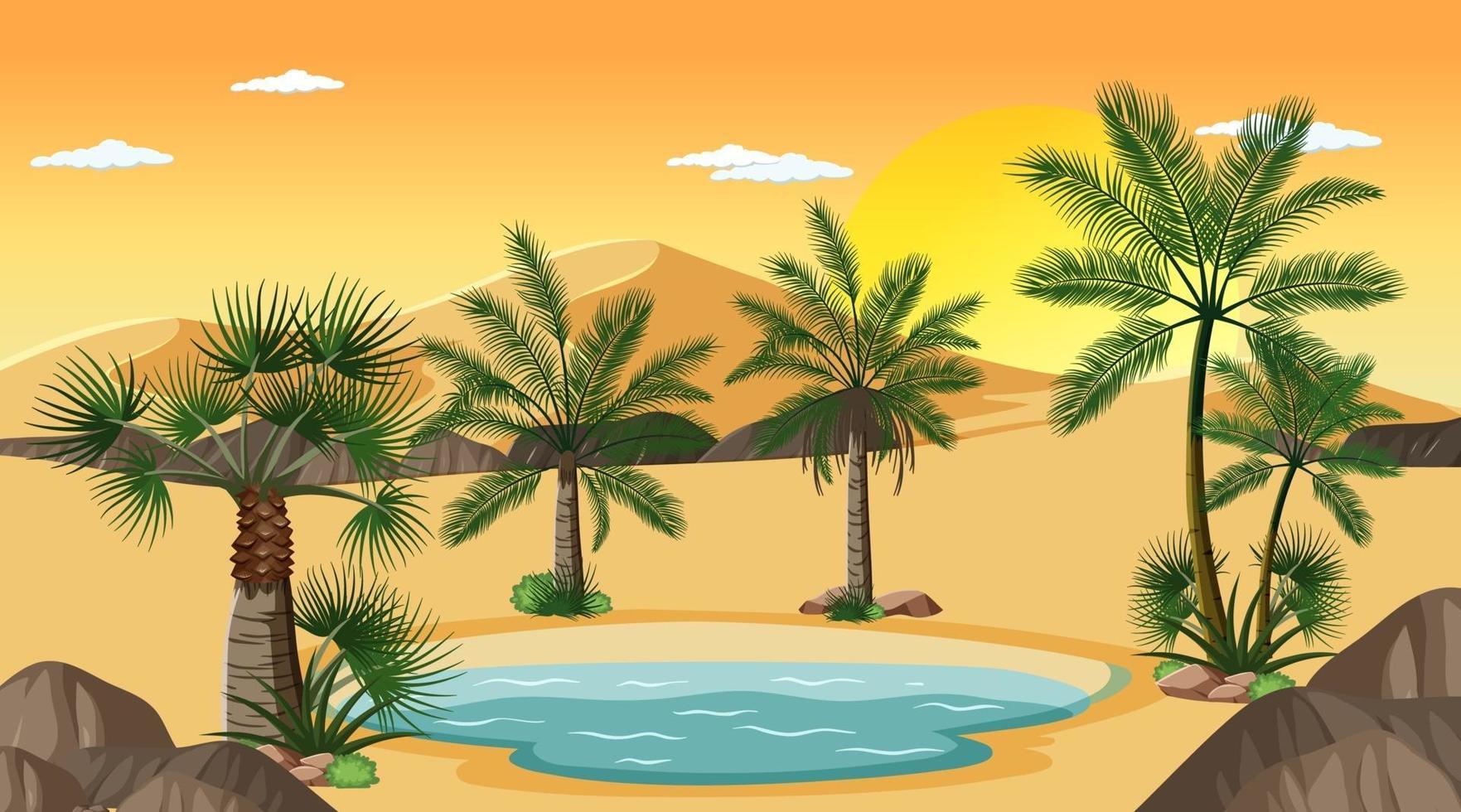 Desert forest landscape at sunset time scene with oasis vector
