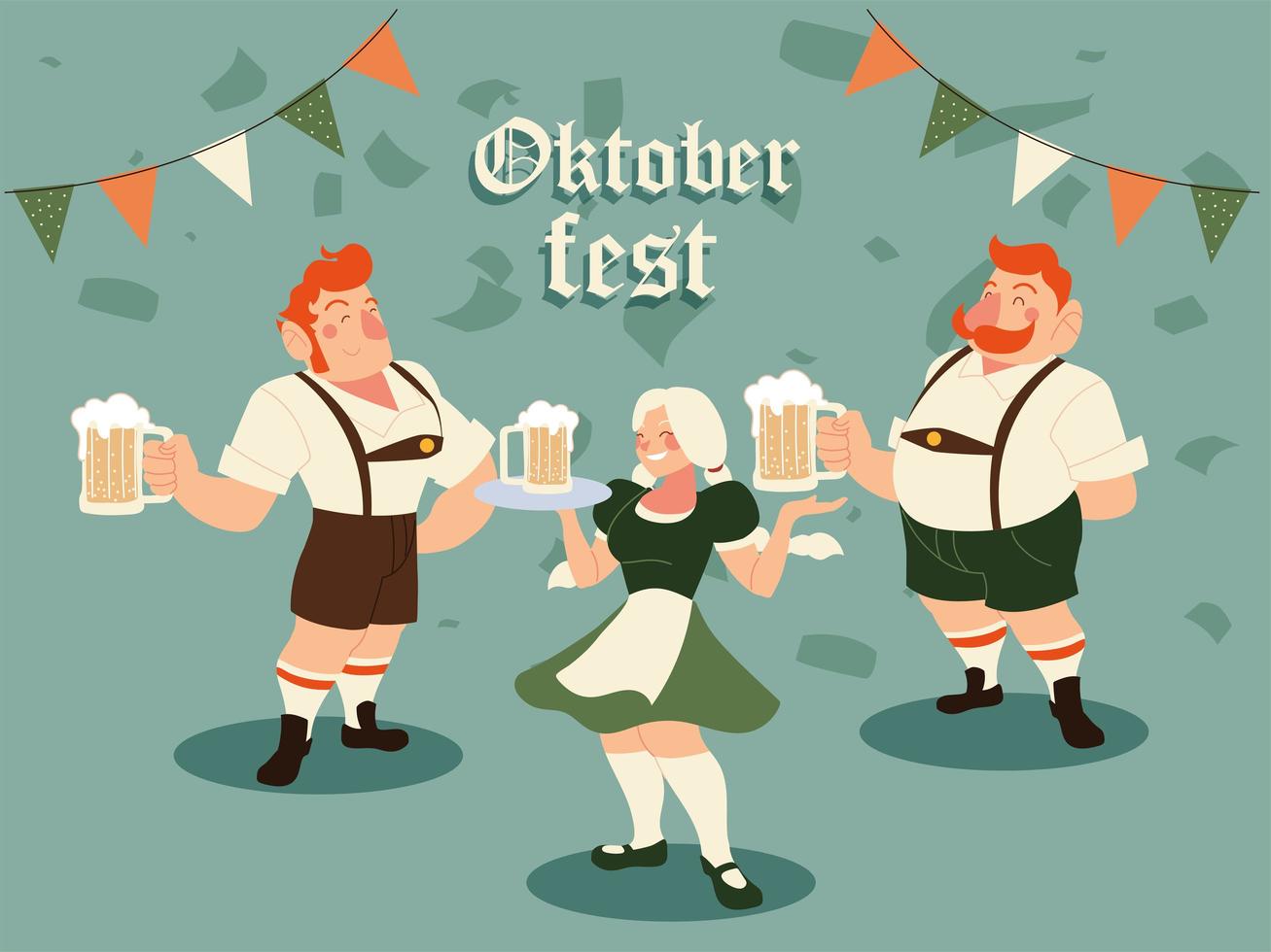 oktoberfest men and woman with traditional cloth beer and banner pennant vector design