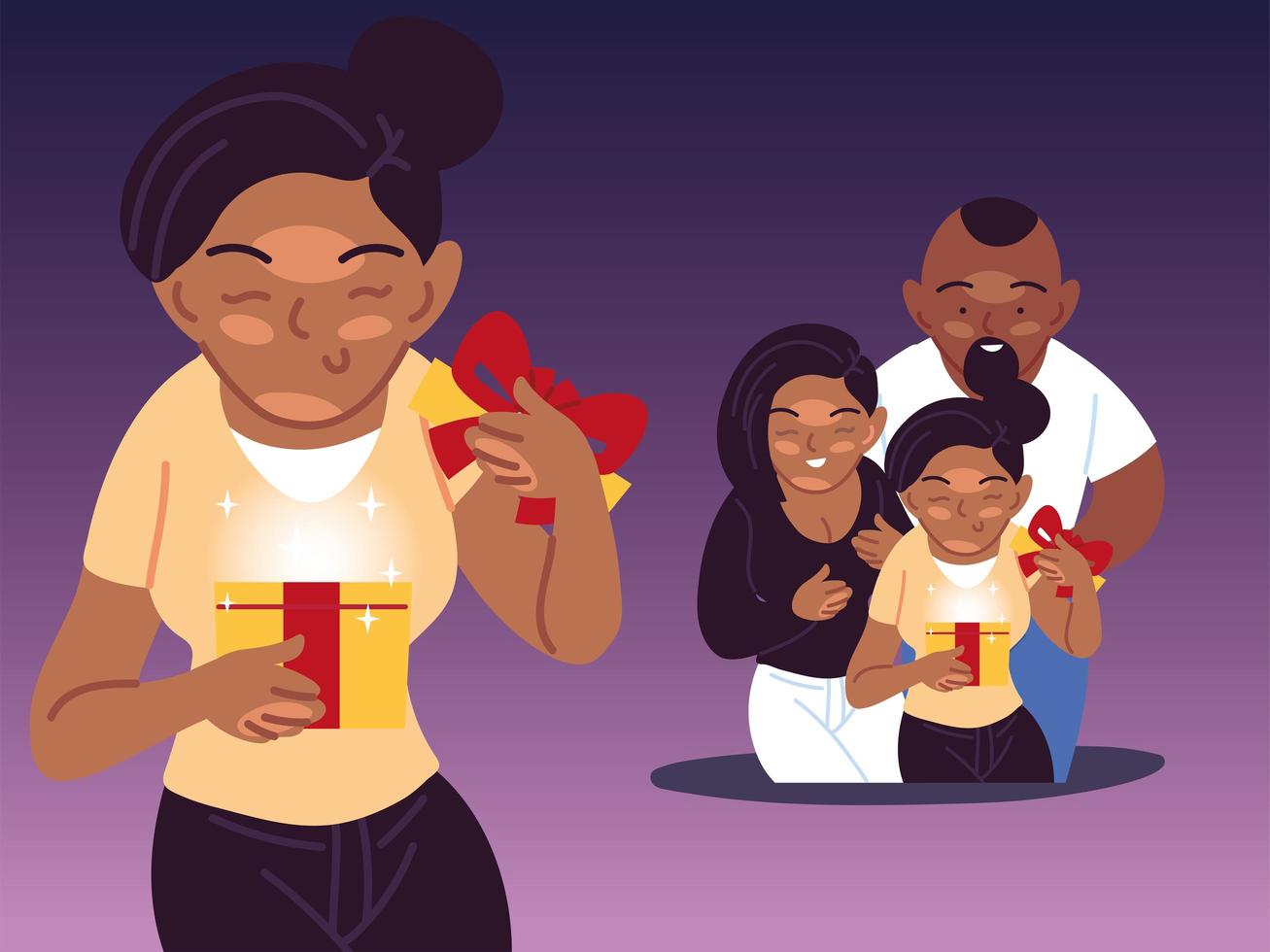 black girl and family opening gift vector design