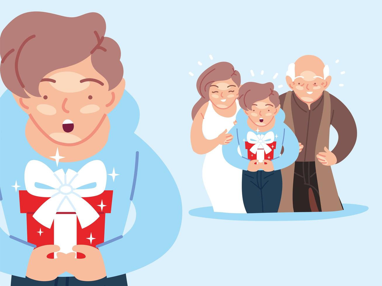 boy with mother and grandfather cartoons opening gift vector design