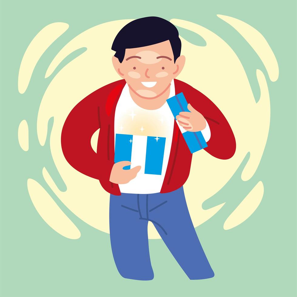 boy cartoon opening gift vector design