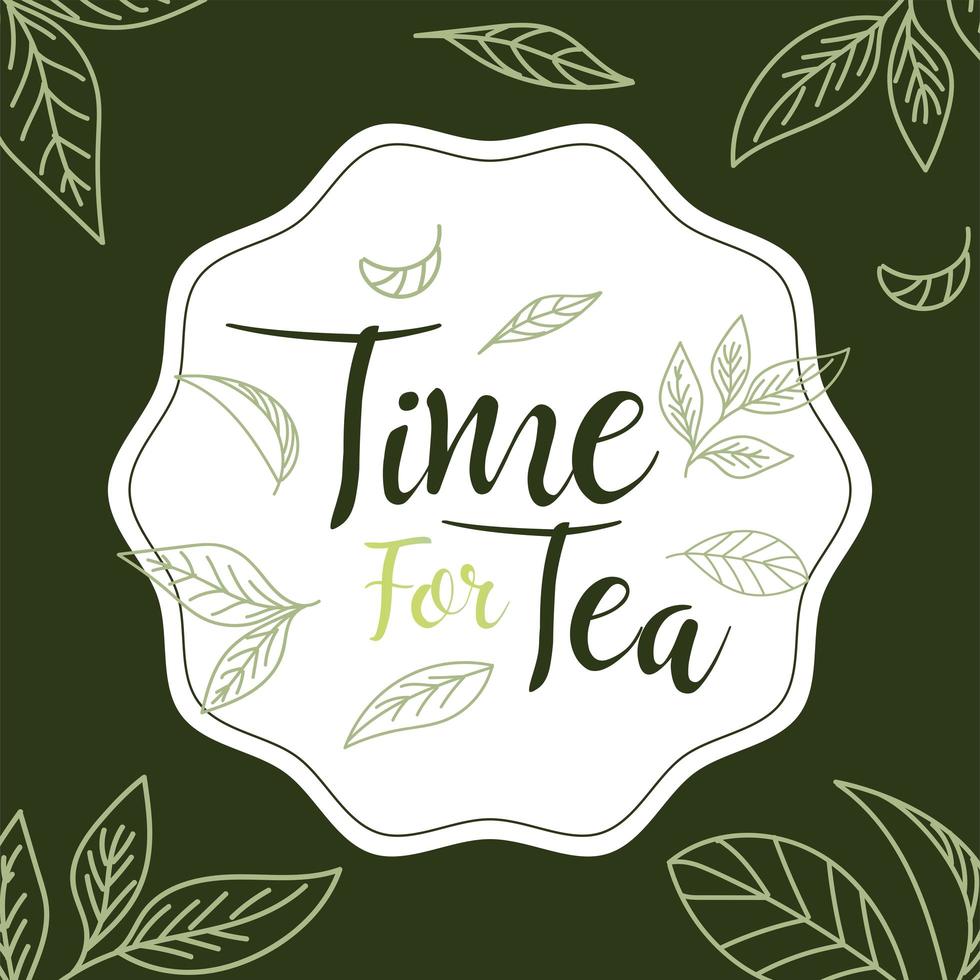 tiempo para el té con hojas en diseño de vector de sello de sello