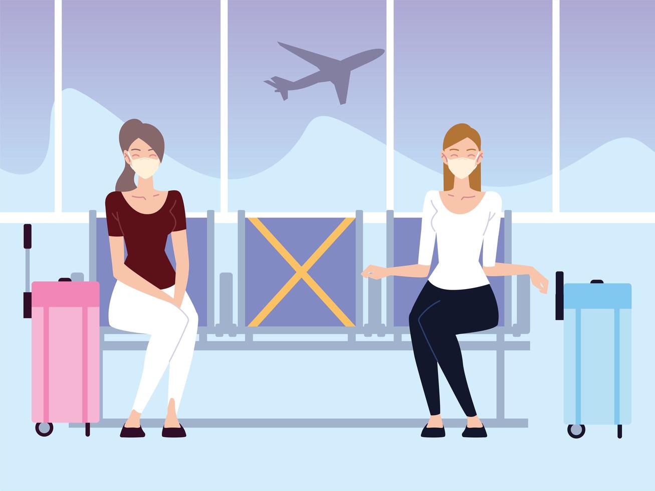 aeropuerto nueva normalidad, mujeres jóvenes con distanciamiento social esperando vuelo vector