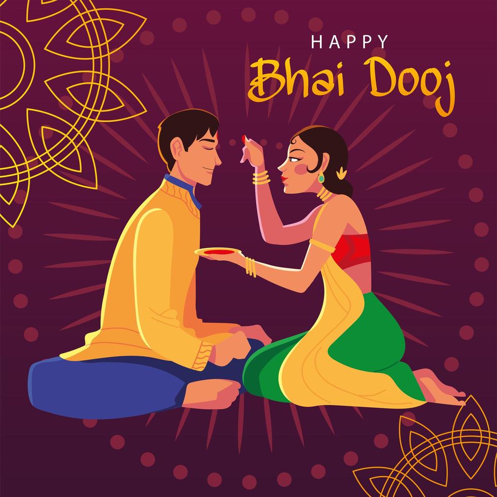 feliz bhai dooj con diseño de vector de dibujos animados de hombre y mujer india