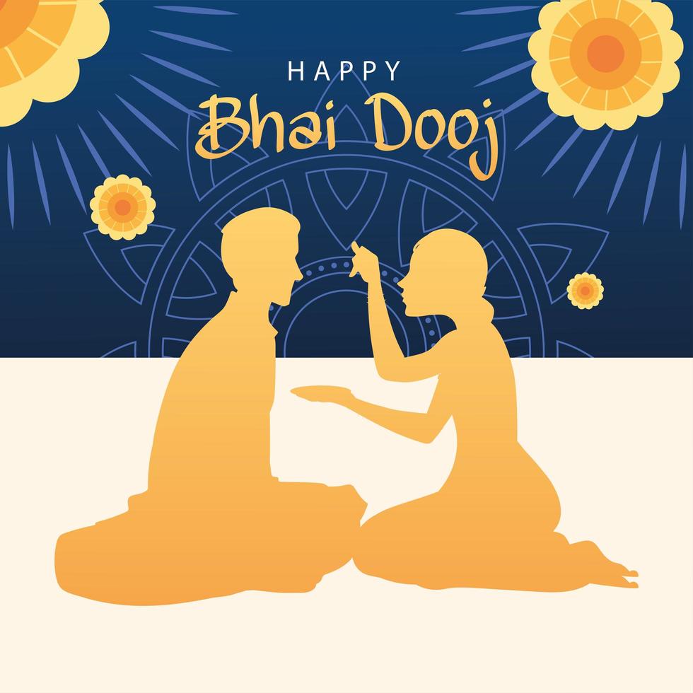 happy bhai dooj with indian woman and man silhouette vector design