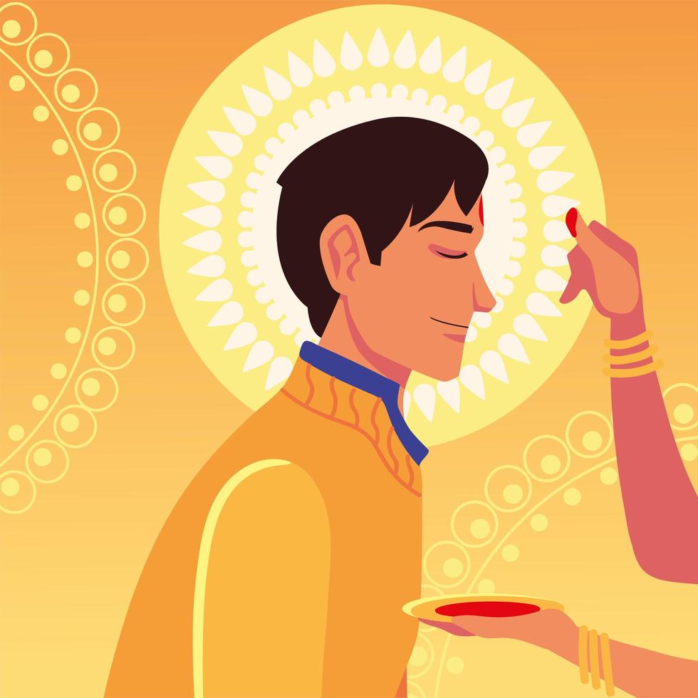 happy bhai dooj with indian man cartoon with female hand vector design