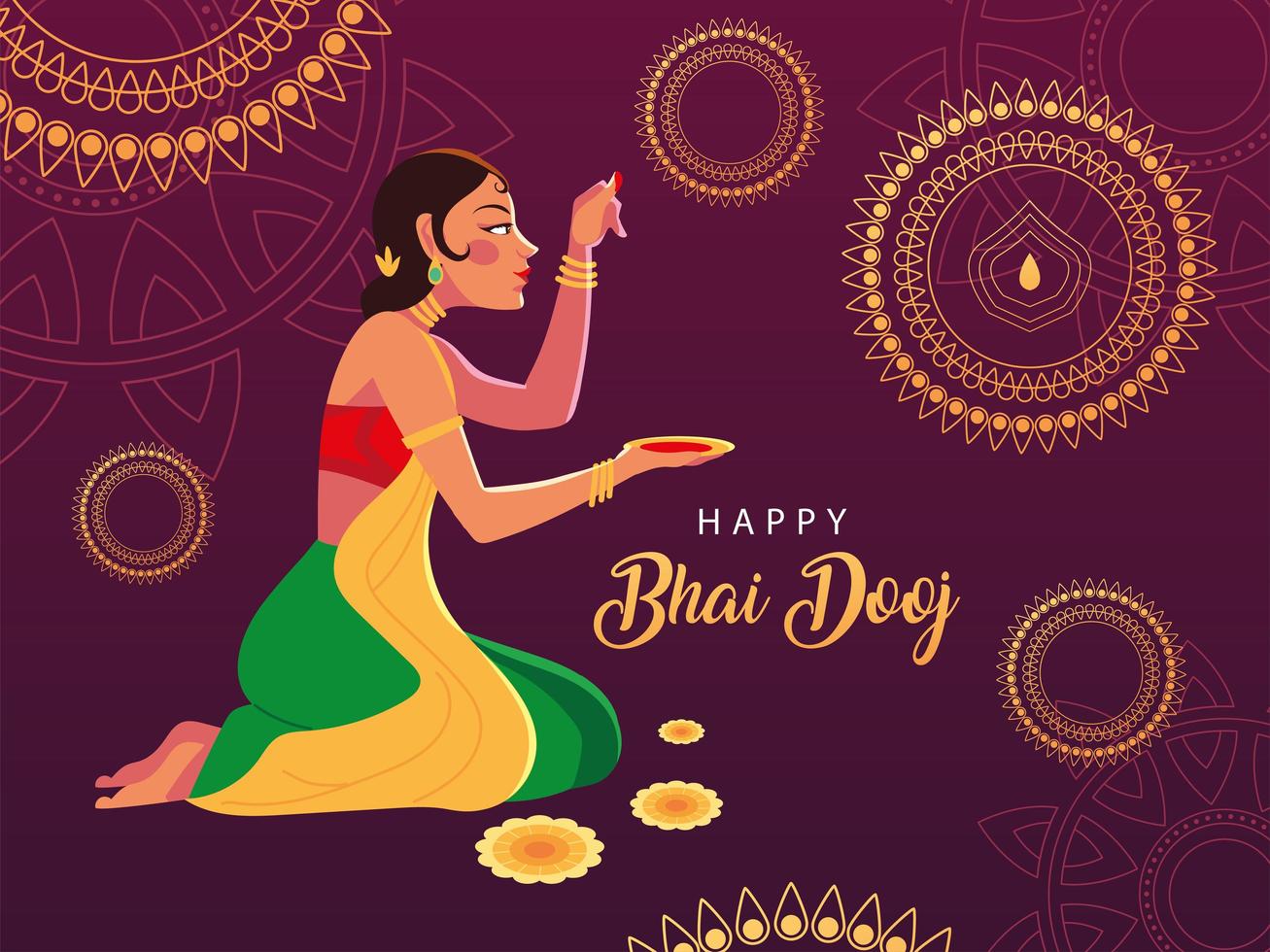 feliz bhai dooj y dibujos animados de mujer india con diseño de vector de tazón