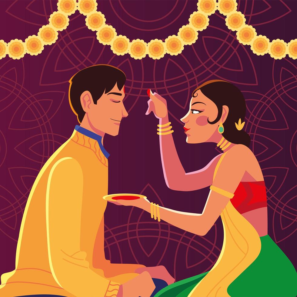 feliz bhai dooj con diseño de vector de dibujos animados de hombre y mujer india