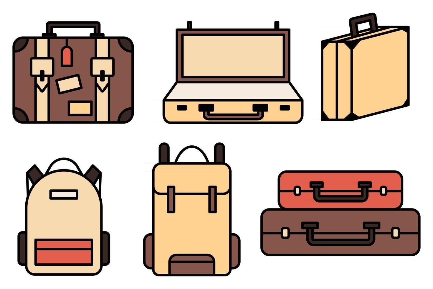 Luggage icons set and collection. Backpack, handbag, suitcase, briefcase, messenger bag, trolley, travel bag. thin line icons. Editable stroke icon. Vector illustration.