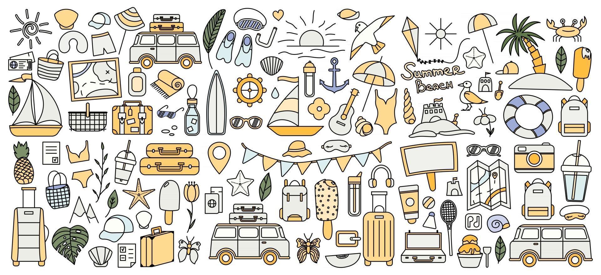 A large set with things for traveling to the mountains and the sea. Set of travel things on vacation. Summer collection. Vector line icon. Editable stroke. Doodle style.