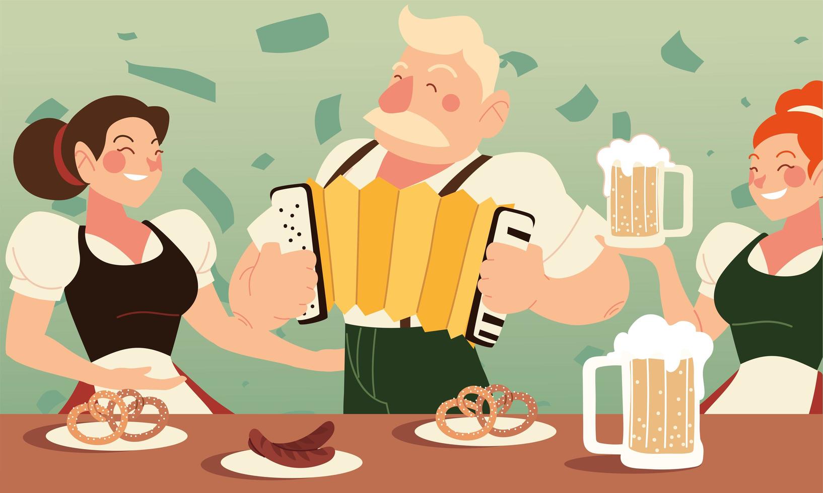 Oktoberfest hombre y mujer con cerveza, salchichas y pretzels diseño vectorial vector