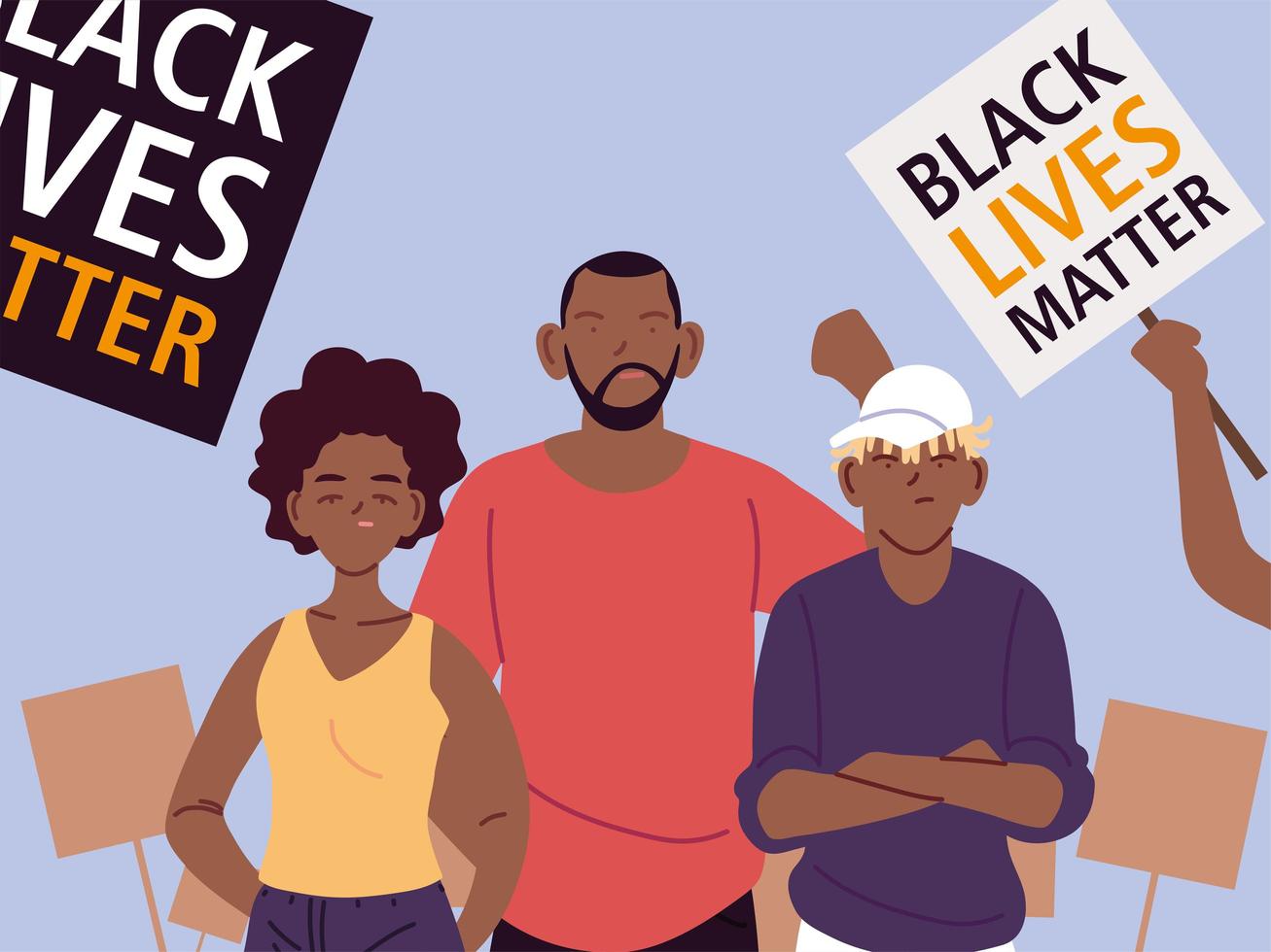 las vidas negras importan con madre, padre, hijo, dibujos animados y pancartas, diseño vectorial vector
