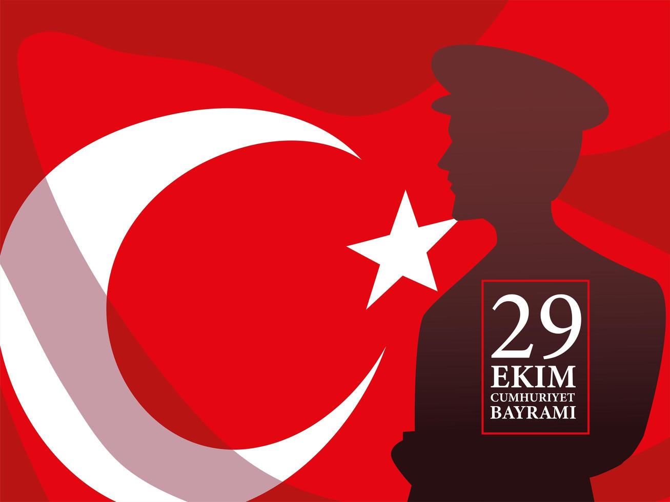 29 ekim cumhuriyet bayrami with turkish flag and ataturk man silhouette vector design