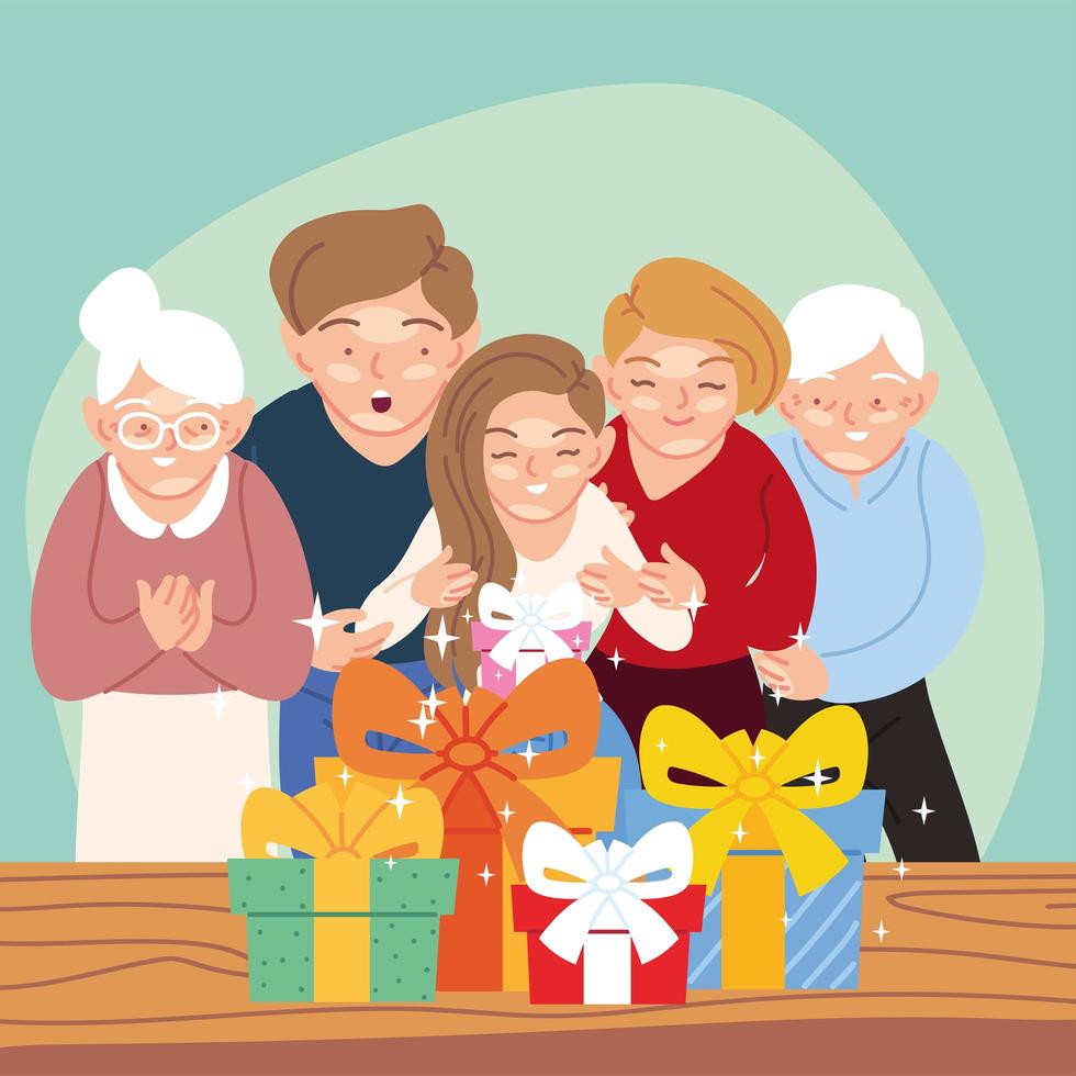 girl with parents and grandparents cartoons opening gifts vector design