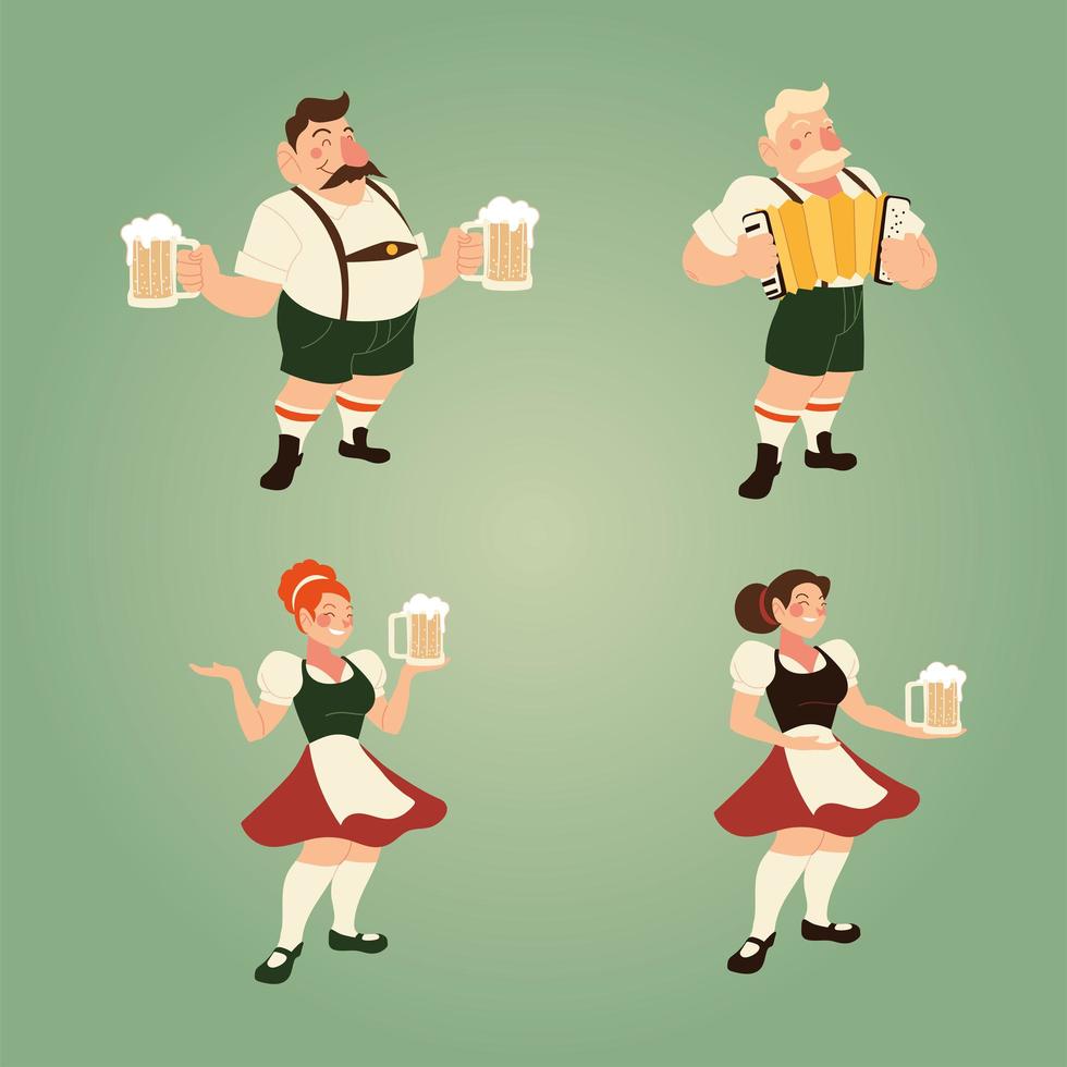 Oktoberfest hombres y mujeres con diseño tradicional de vector de tela y cerveza