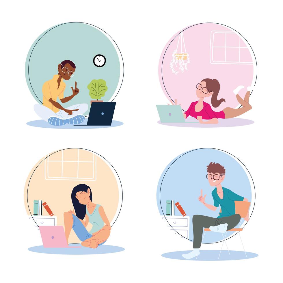 set of icons people working from home, telecommuting vector