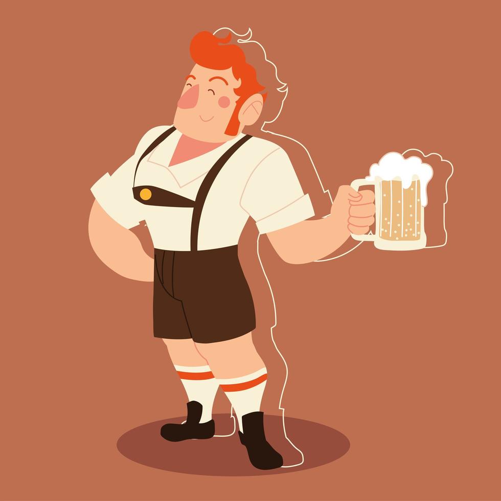 Dibujos animados de hombre de Oktoberfest con diseño tradicional de vector de tela y cerveza