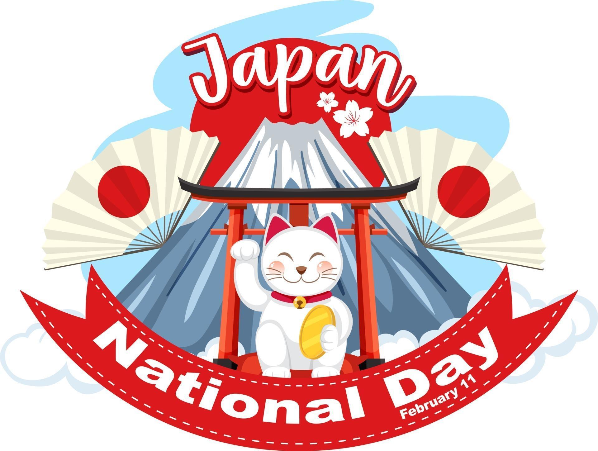 Japan National Day banner with Japanese Cat on Mount Fuji background