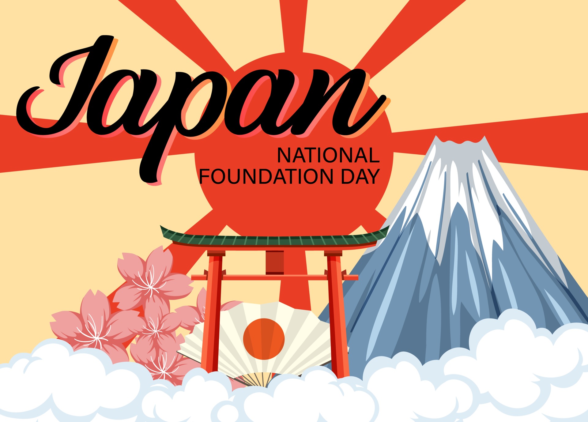 Japan National Foundation Day banner with Mount Fuji on Sun Rays