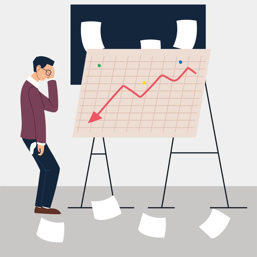 man at presentation standing in front of decreasing chart, financial crisis vector