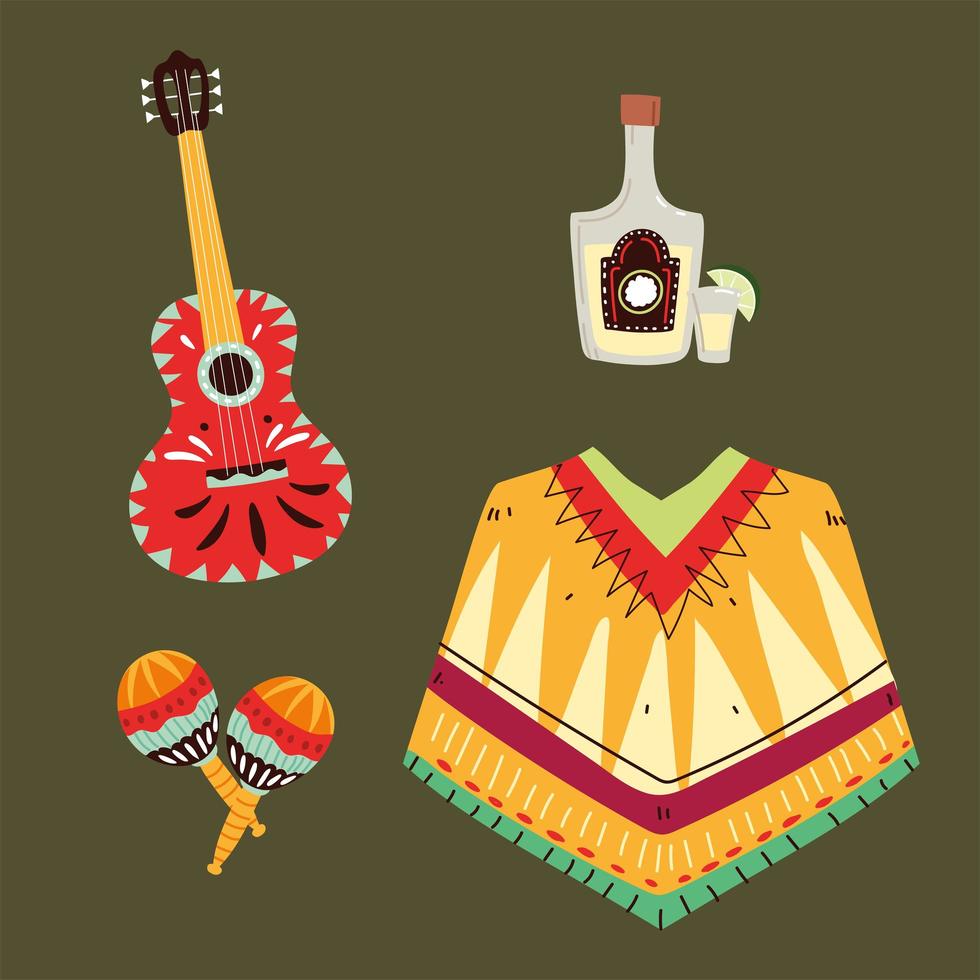 conjunto de símbolos mexicanos, iconos de celebración mexicana vector