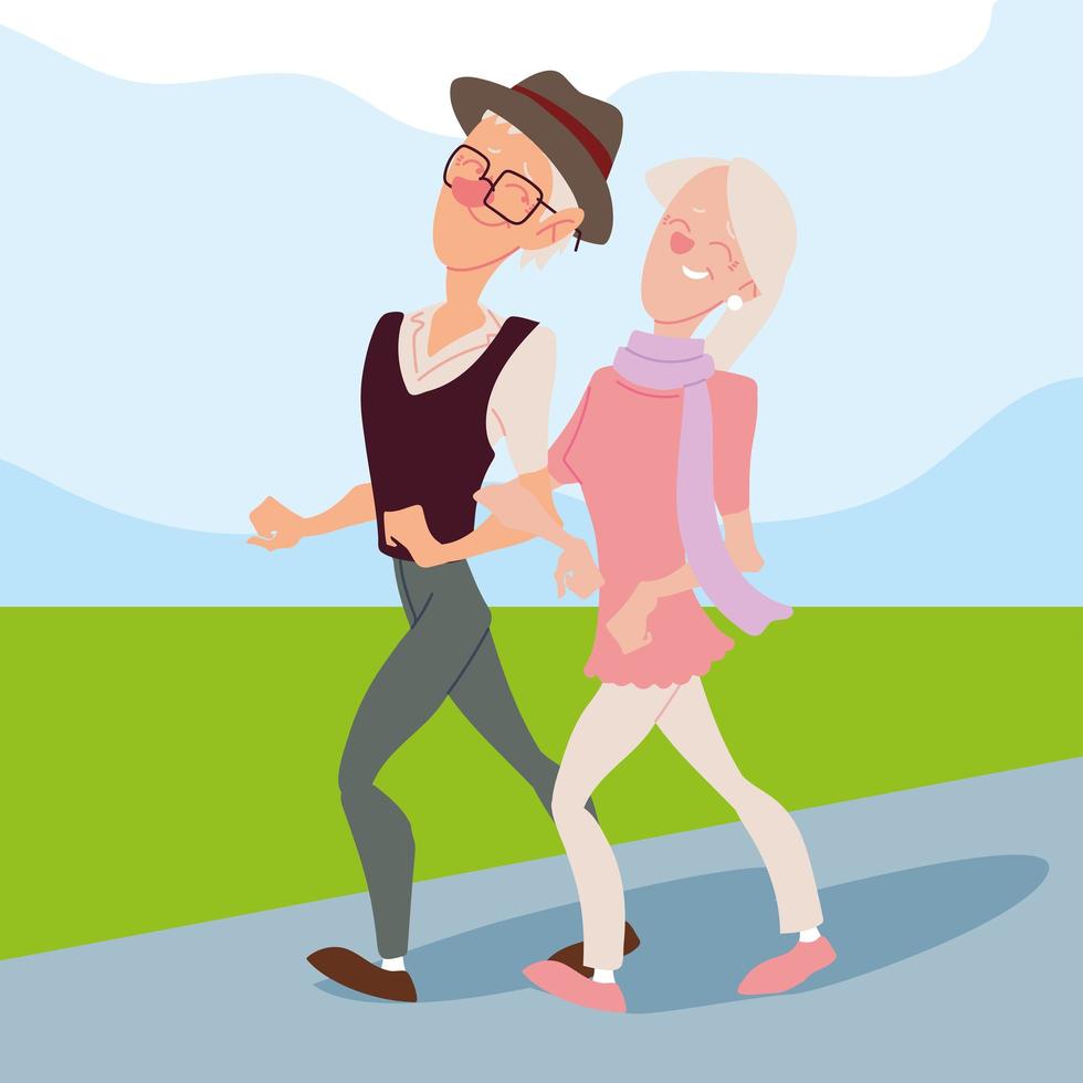 old couple walk in the park, active seniors vector