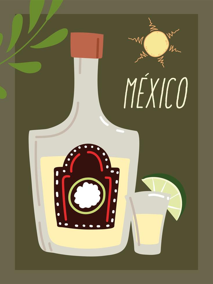 Etiqueta de México con botella de tequila, bebida tradicional mexicana vector