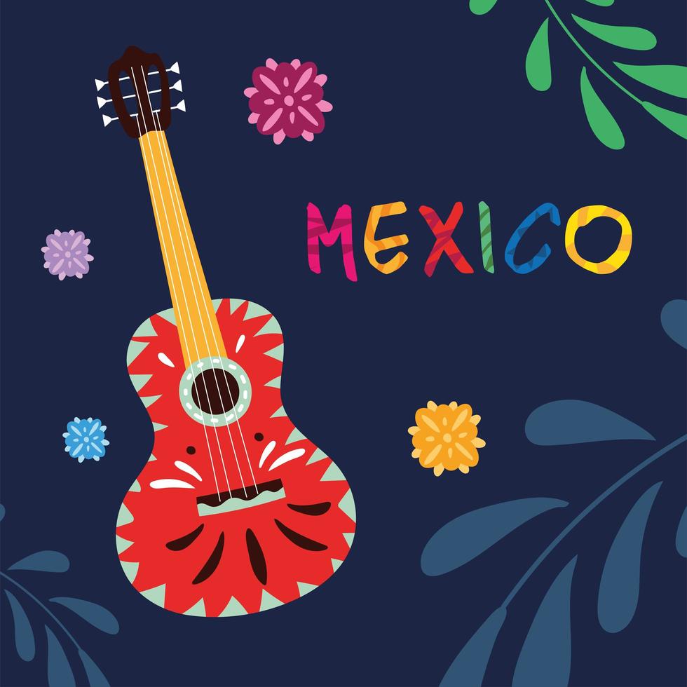 Etiqueta de México con guitarra mexicana, instrumento musical. vector