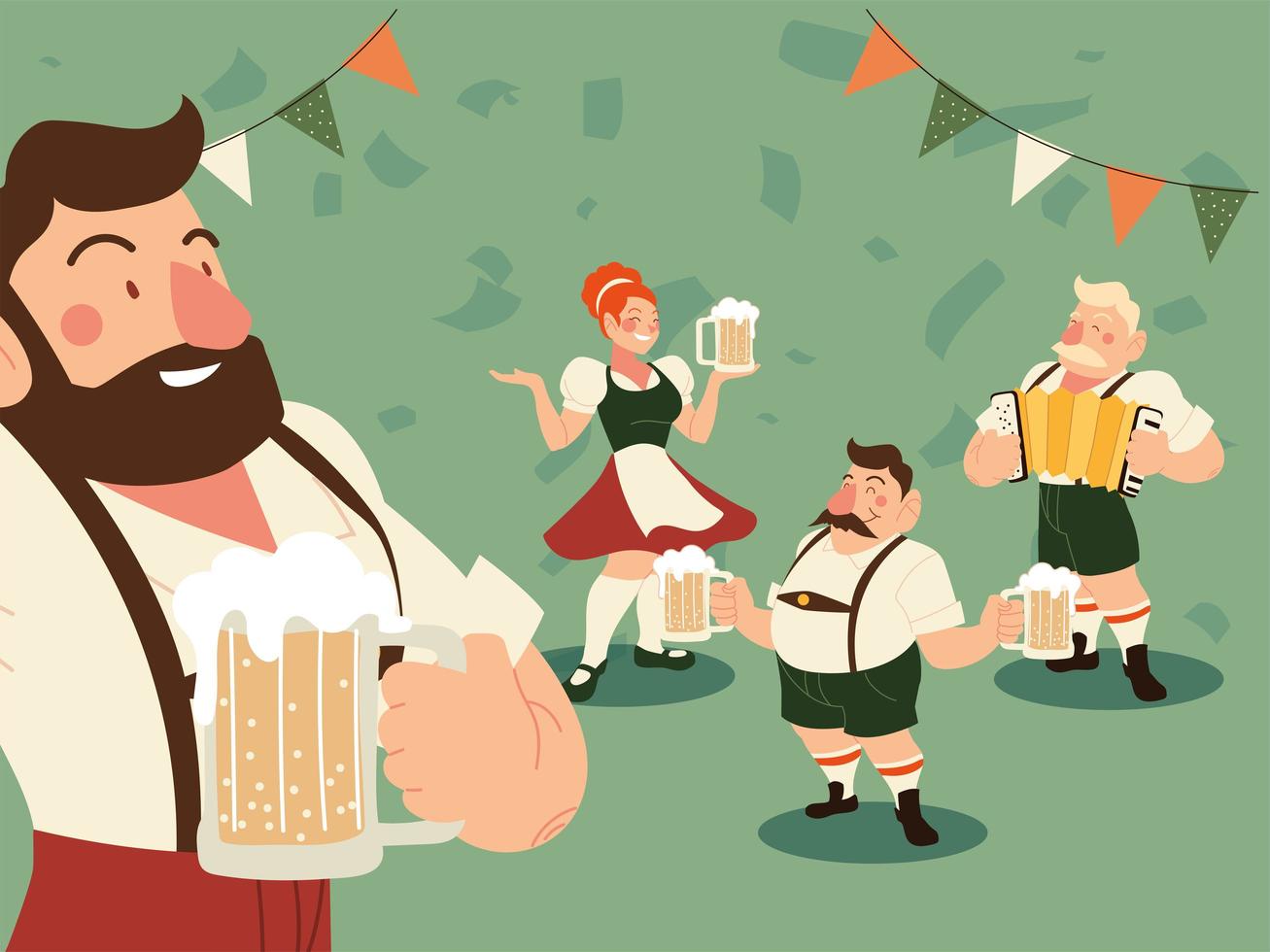 Oktoberfest hombres y mujeres con cerveza de tela tradicional y diseño de vector de banderín de banner