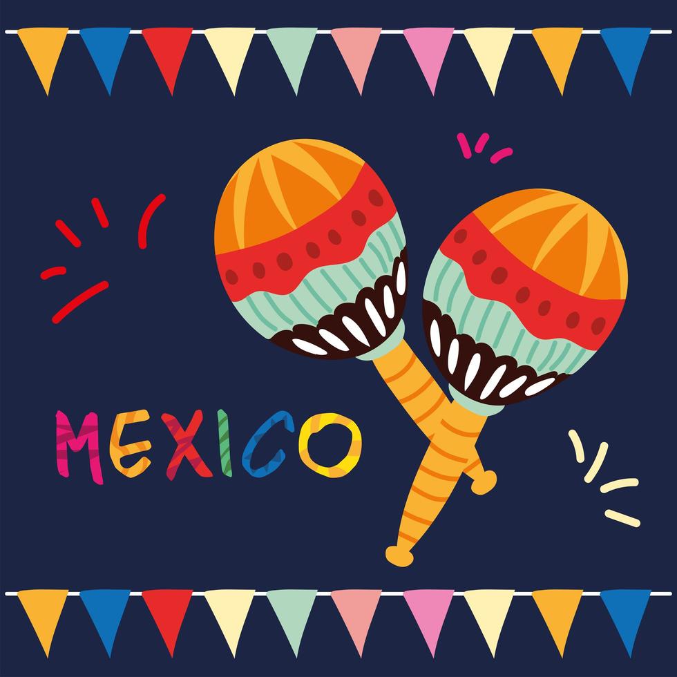 Etiqueta de México con un par de maracas, instrumento musical. vector