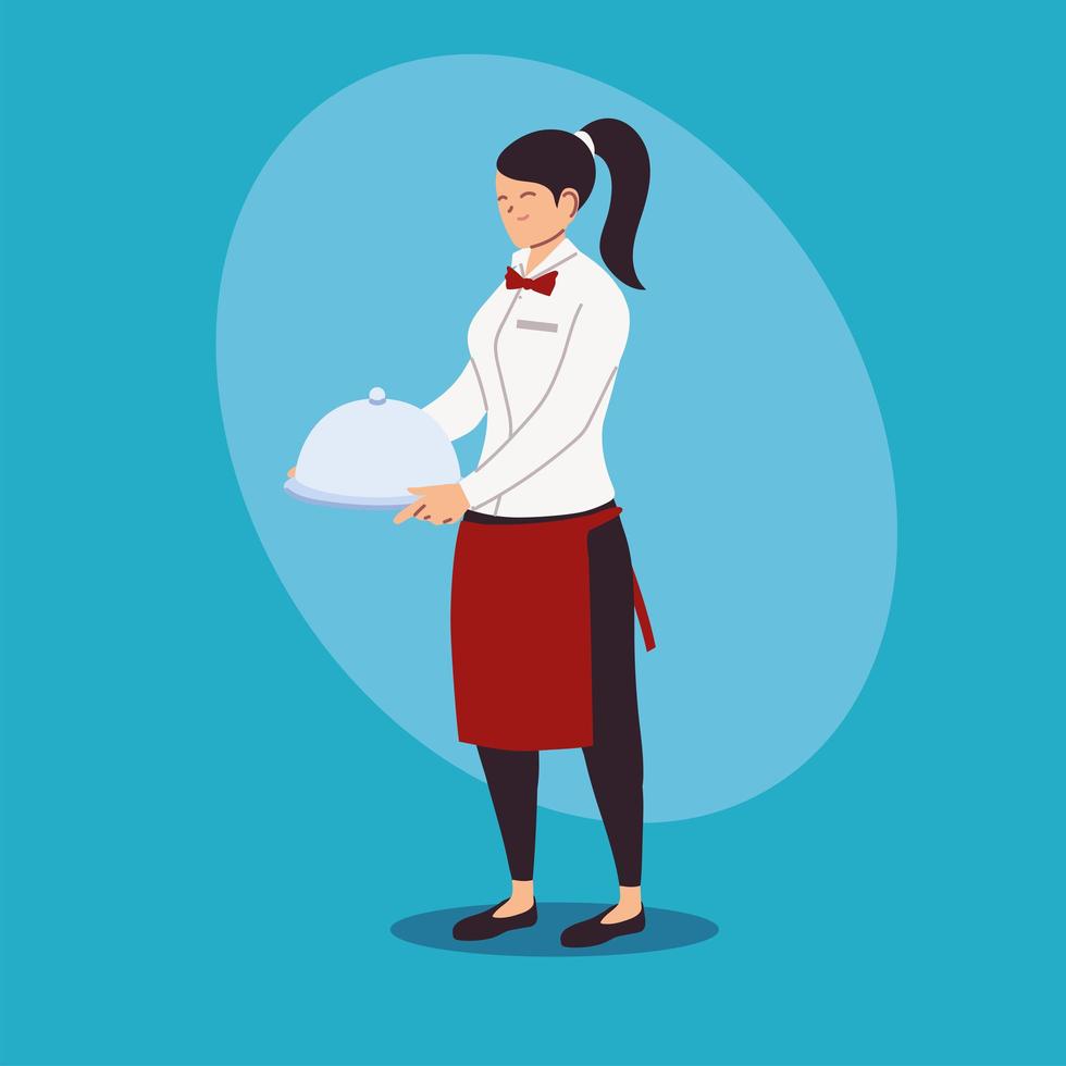 woman waitress with uniform holding tray vector