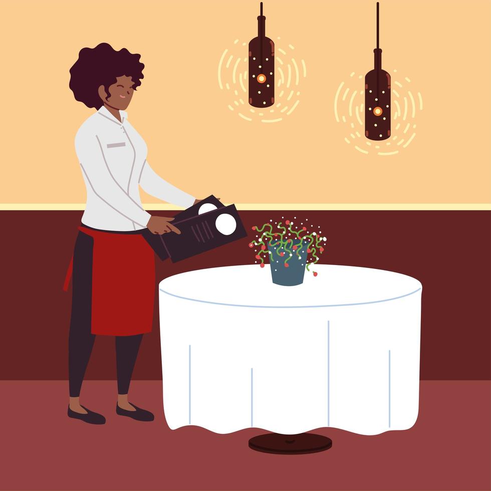 mujer afro en uniforme toma un pedido en un restaurante vector