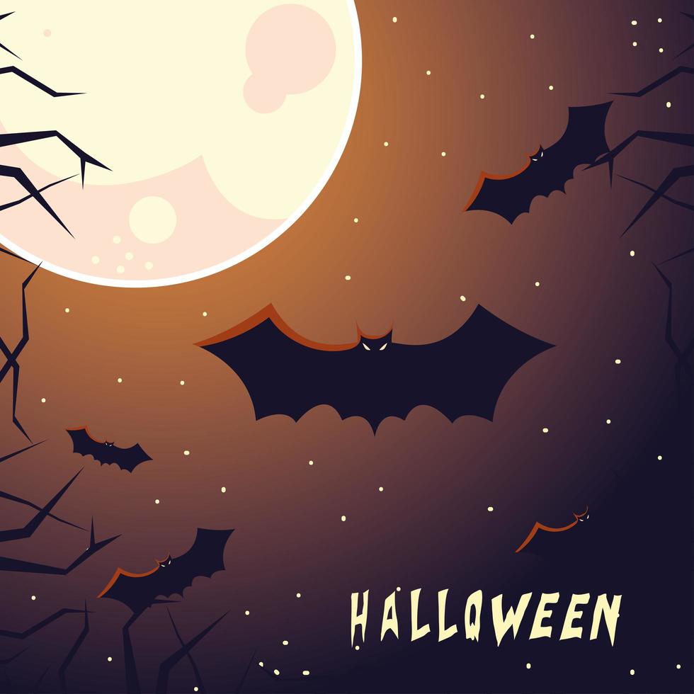 tarjeta de halloween con luna llena y murciélagos vector